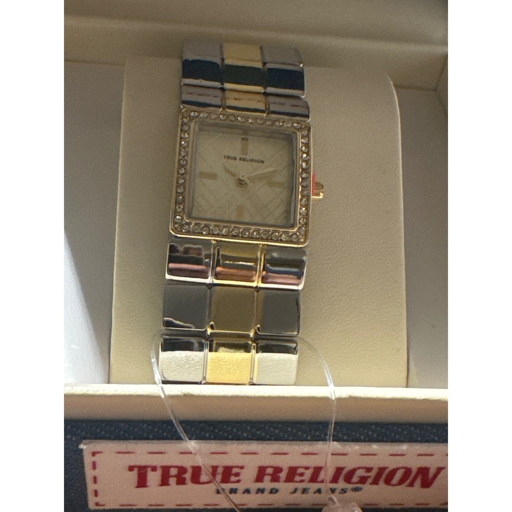 True Religion Womens Two Tone Square Crystal Bezel Watch TR1001-424 New in Box - Picture 2 of 5